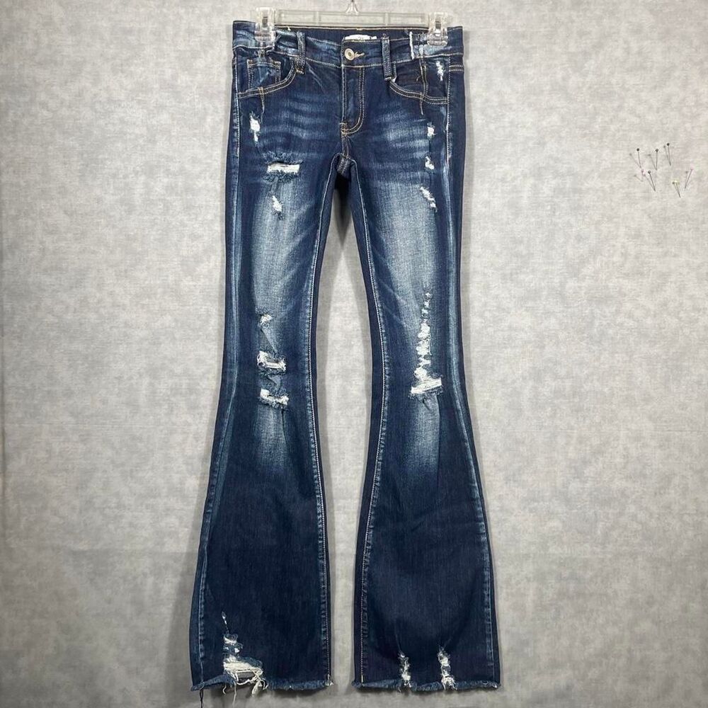 Low rise flare jeans.